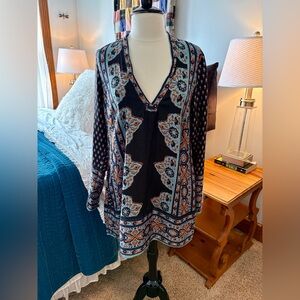 Free People Silky V neck Dress Tunic in Black, Orange & Blues, size Medium